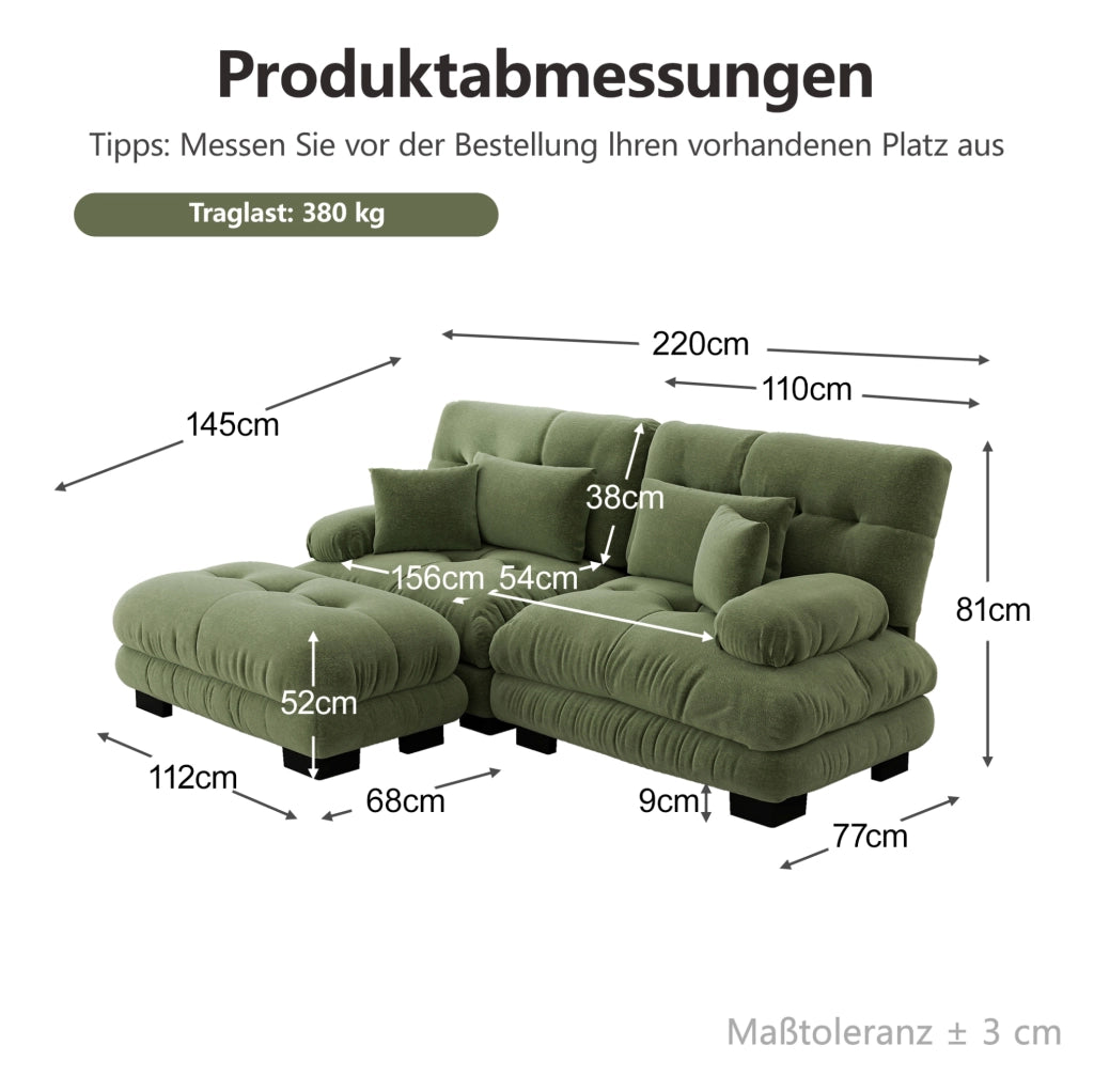 Divano modulare in ciniglia verde con pouf mobili e cuscini HOMVRA