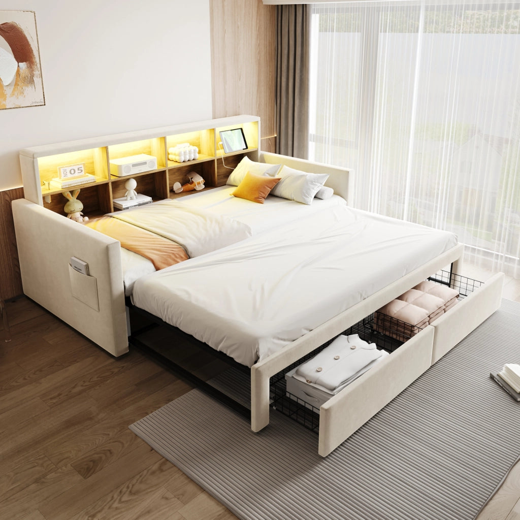 OKWISH Letto Divano, Letto Singolo con Estensione Estraibile, 2 Cassetti, LED, USB e Tipo C, 90 x 190 cm, senza Materasso