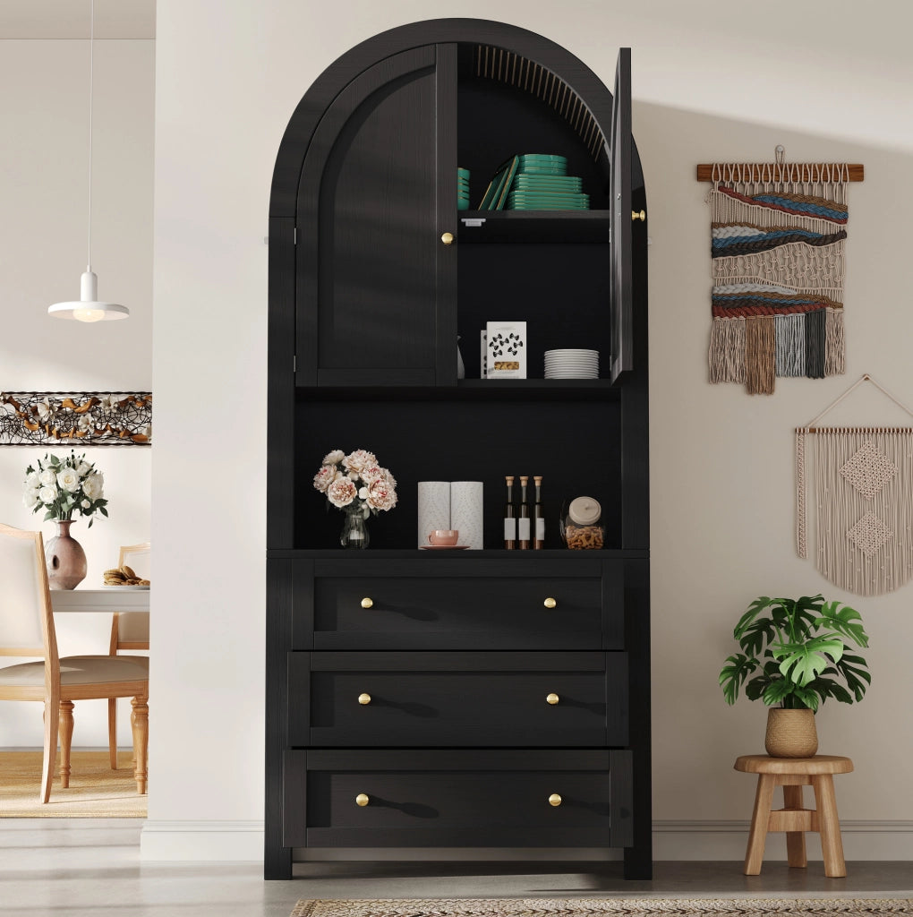 Armadio alto ad arco nero in MDF con 3 cassetti, 70x35x180 cm