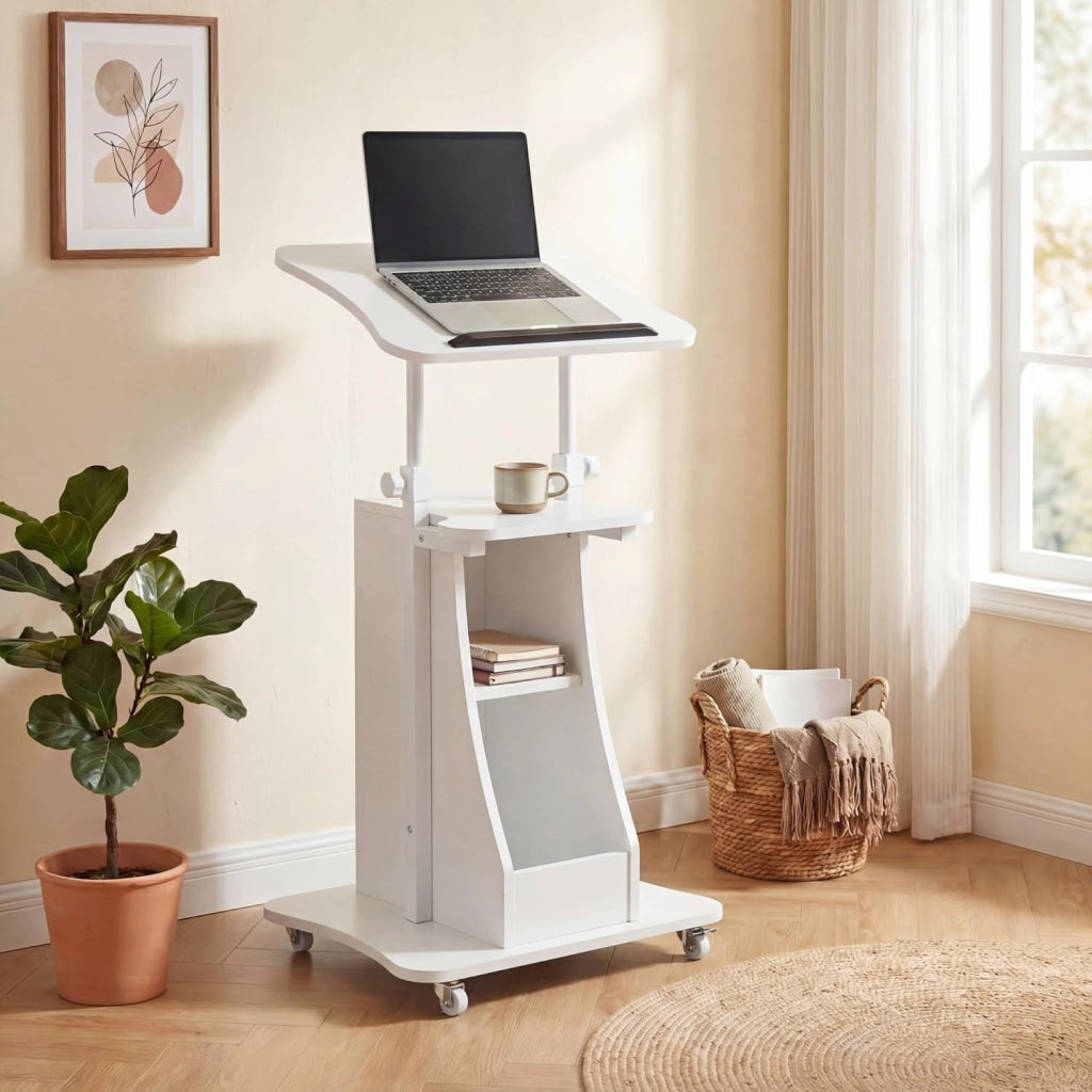 KOMFOTTEU Tavolino da Laptop Regolabile in Altezza 72-112cm con Ruote Universali, Piano Reclinabile, Ripiano Aperto e 2 Vani Portaoggetti, Scrivania per Computer Porta PC per Aula, Ufficio