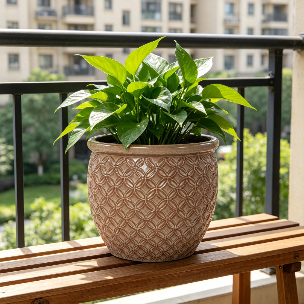 Vaso in ceramica 30,5 x 27 cm beige lucido con rilievo, interno e giardino