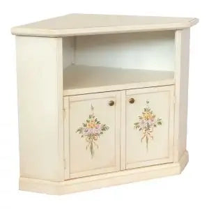 Mobile Porta tv ad angolo Shabby chic bianco anticato decorato con fiori