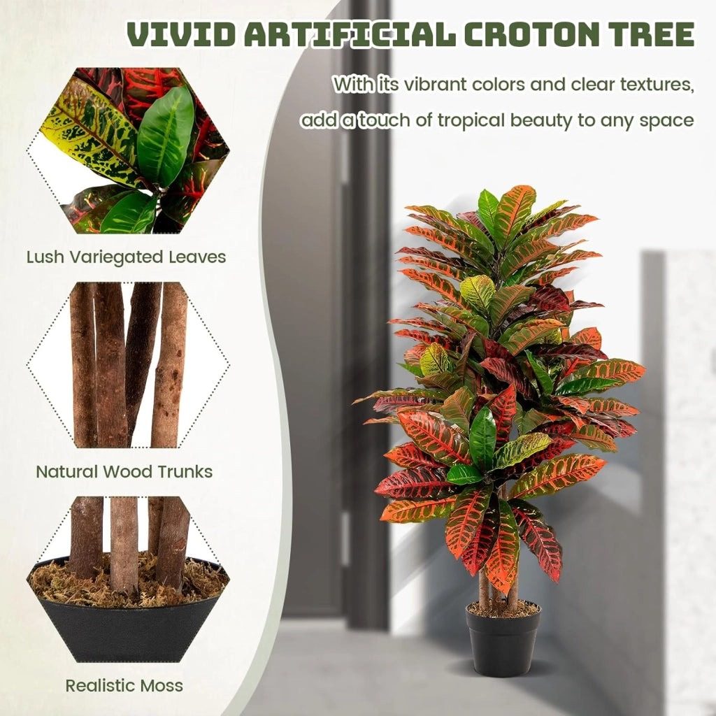 Pianta artificiale di Crotone, albero di imitazione con foglie lussureggianti colorate e vaso pieno di cemento, albero falso tropicale con tronco naturale, per decorazione casa, ufficio, hotel