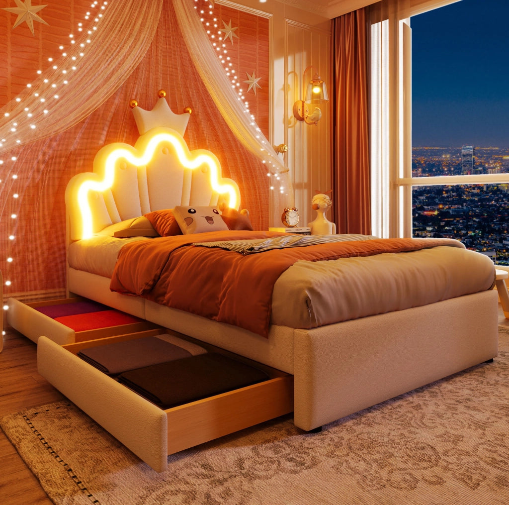 Letto imbottito per bambini 90x200 cm con LED e 2 cassetti