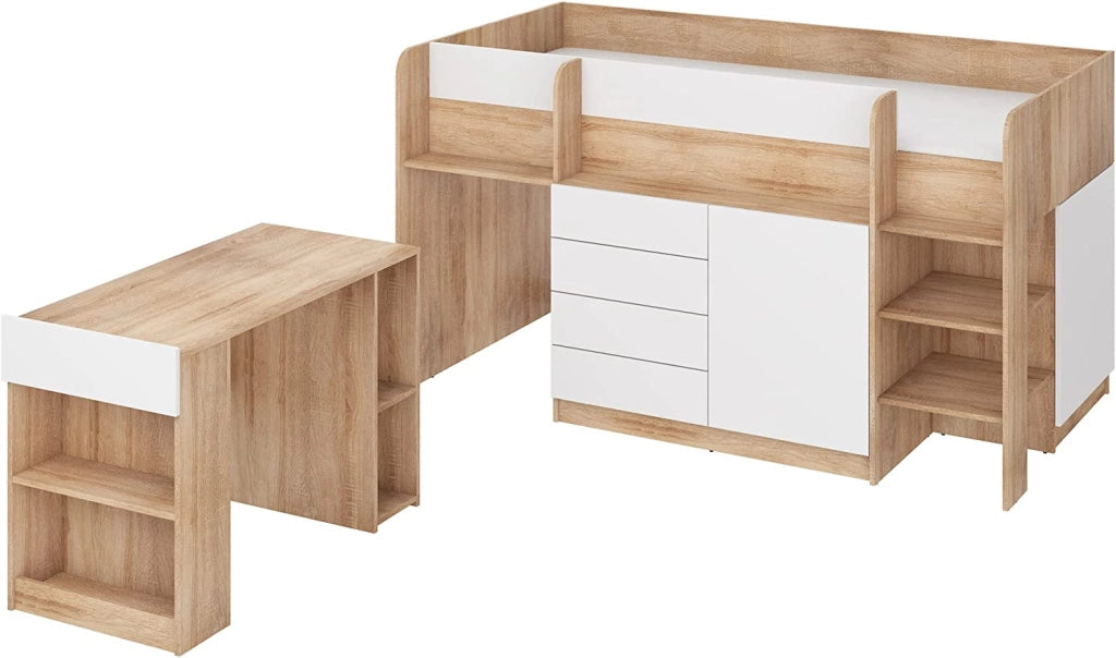 LETTO MOBILE CASSETTIERA CON SCRITTOIO SMILE P 204x 112x112cm LATO DESTRO ROVERE BIANCO
