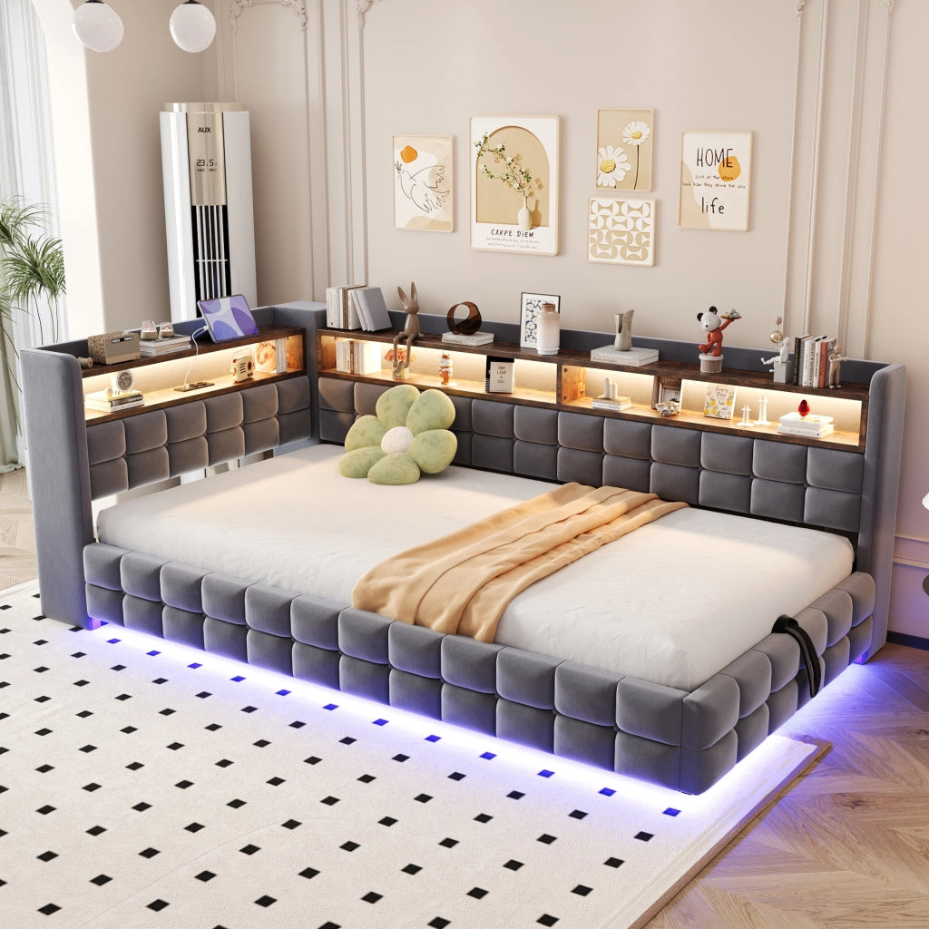 Divano letto multifunzionale in velluto grigio scuro 90x200 vano ripiano LED USB