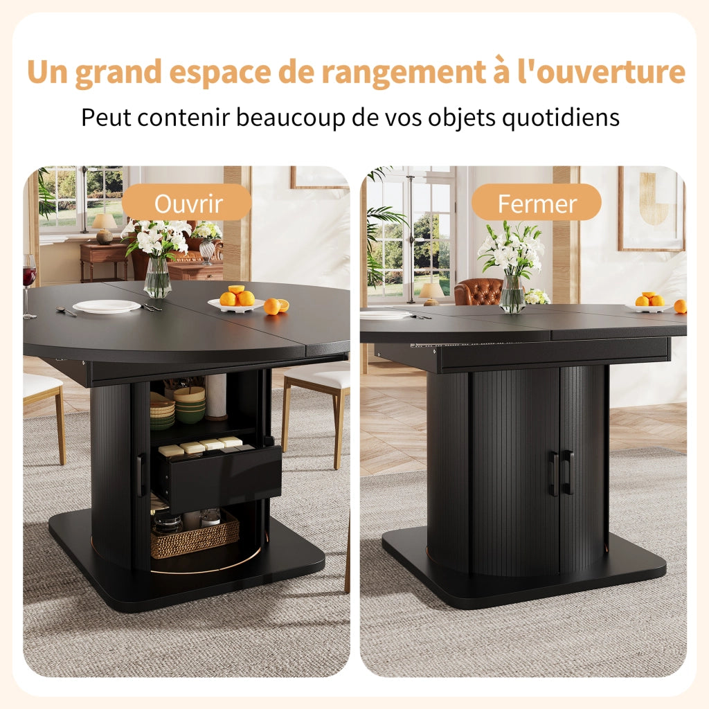 Tavolo da pranzo estensibile a 4 modalità con spazio contenitivo; per cucina e soggiorno; in MDF nero; 118 × 118 × 76 cm