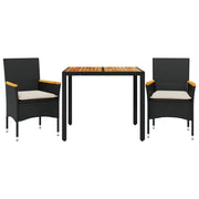 Set Pranzo da Giardino 3 pz | Set Salotto da Giardino con Cuscini Nero Polyrattan Acacia