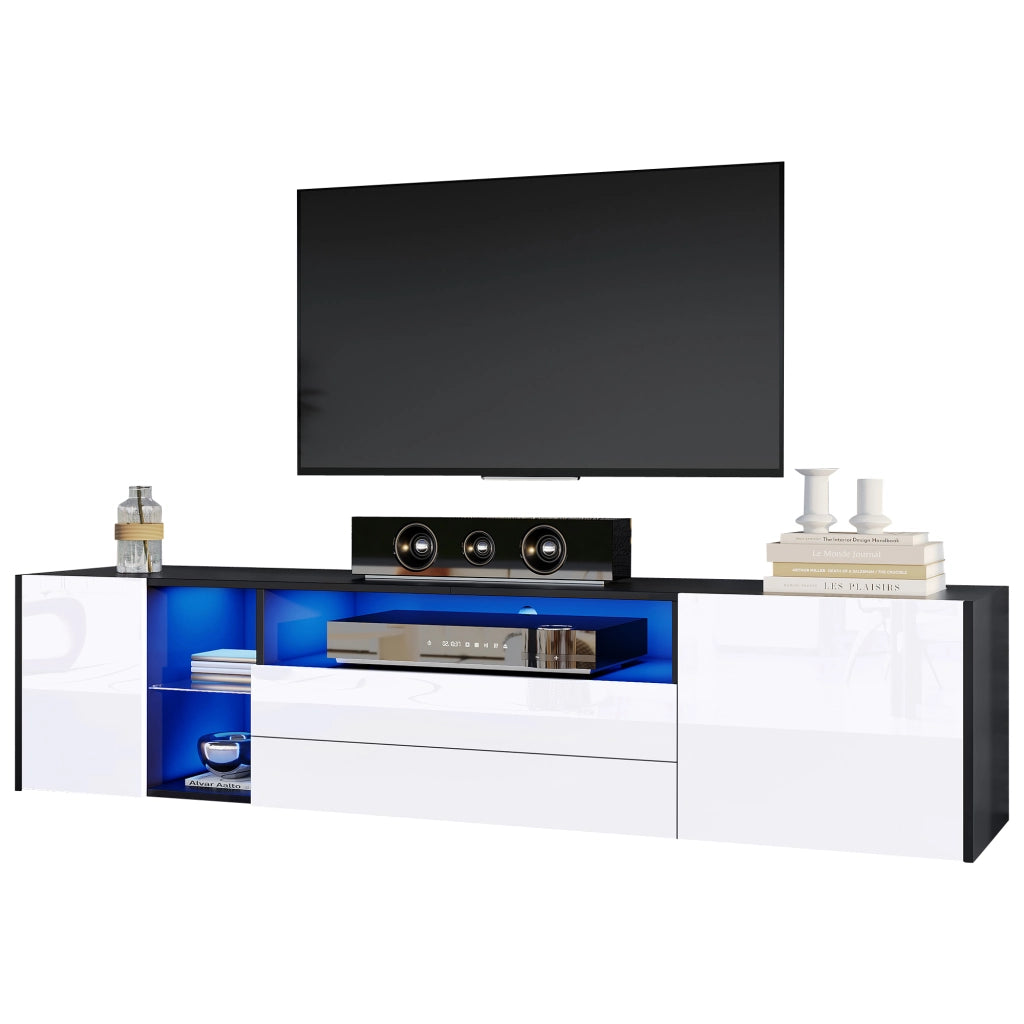 OKWISH Mobile TV con 2 Ante, 2 Cassetti e 1 Vano, LED, Frontale Lucido, per Soggiorno, 180 x 40 x 45 cm, Bianco e Nero