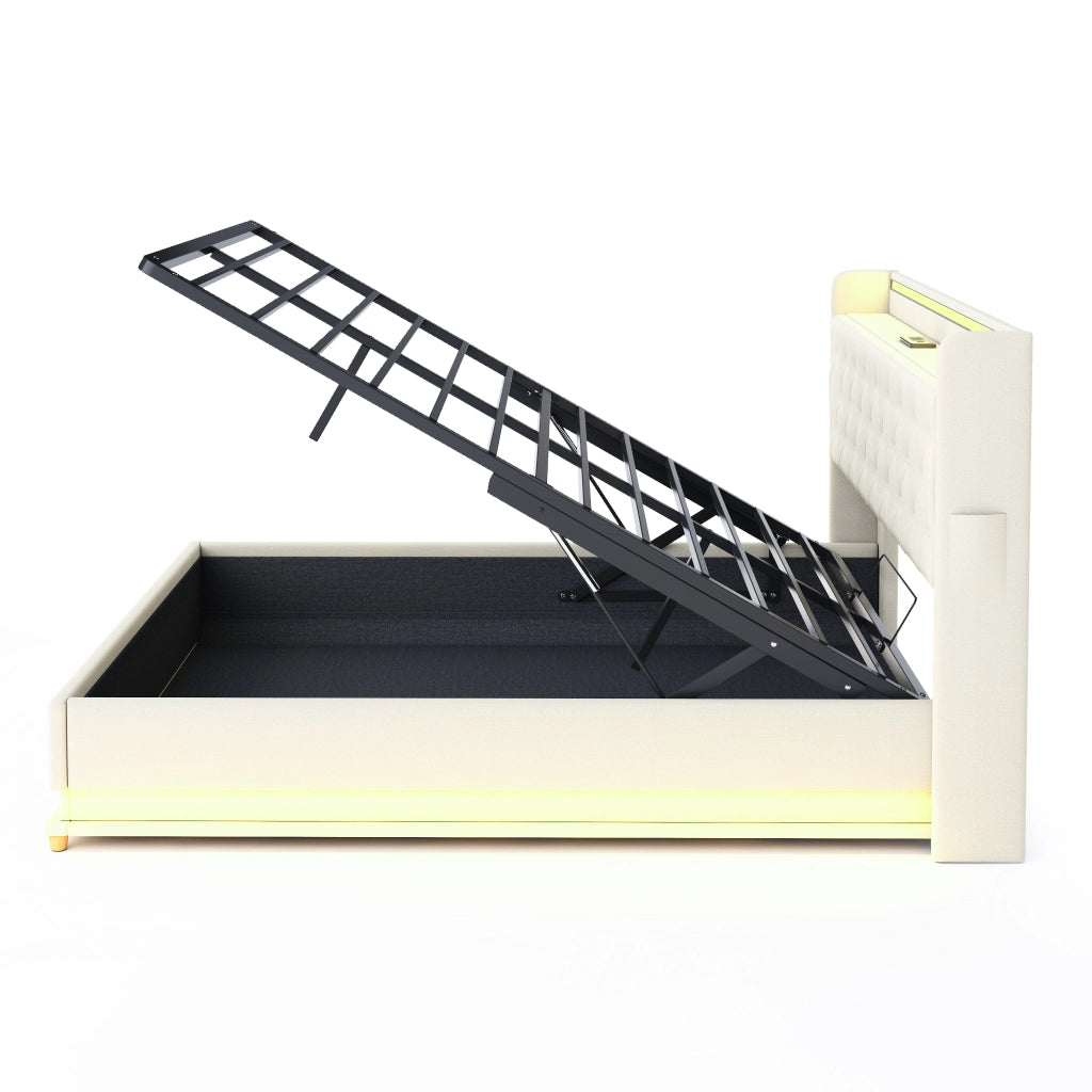 LETTO Imbottito 160x200 cm Beige con LED, USB e contenitore idraulico