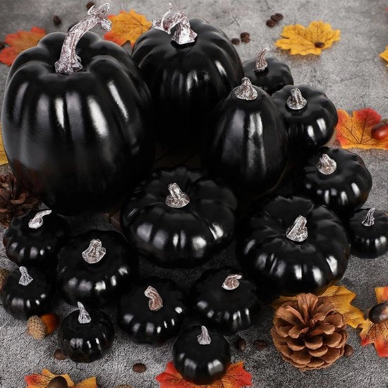 Decorazioni di Zucca per Est, Decorative Grandi Piccole Esterno Nero Schiuma Plastica Cesto Faux Finte Zucche per Halloween Est Oltrepo' Festival Casa Tavolo Decorazione 16 pezzi