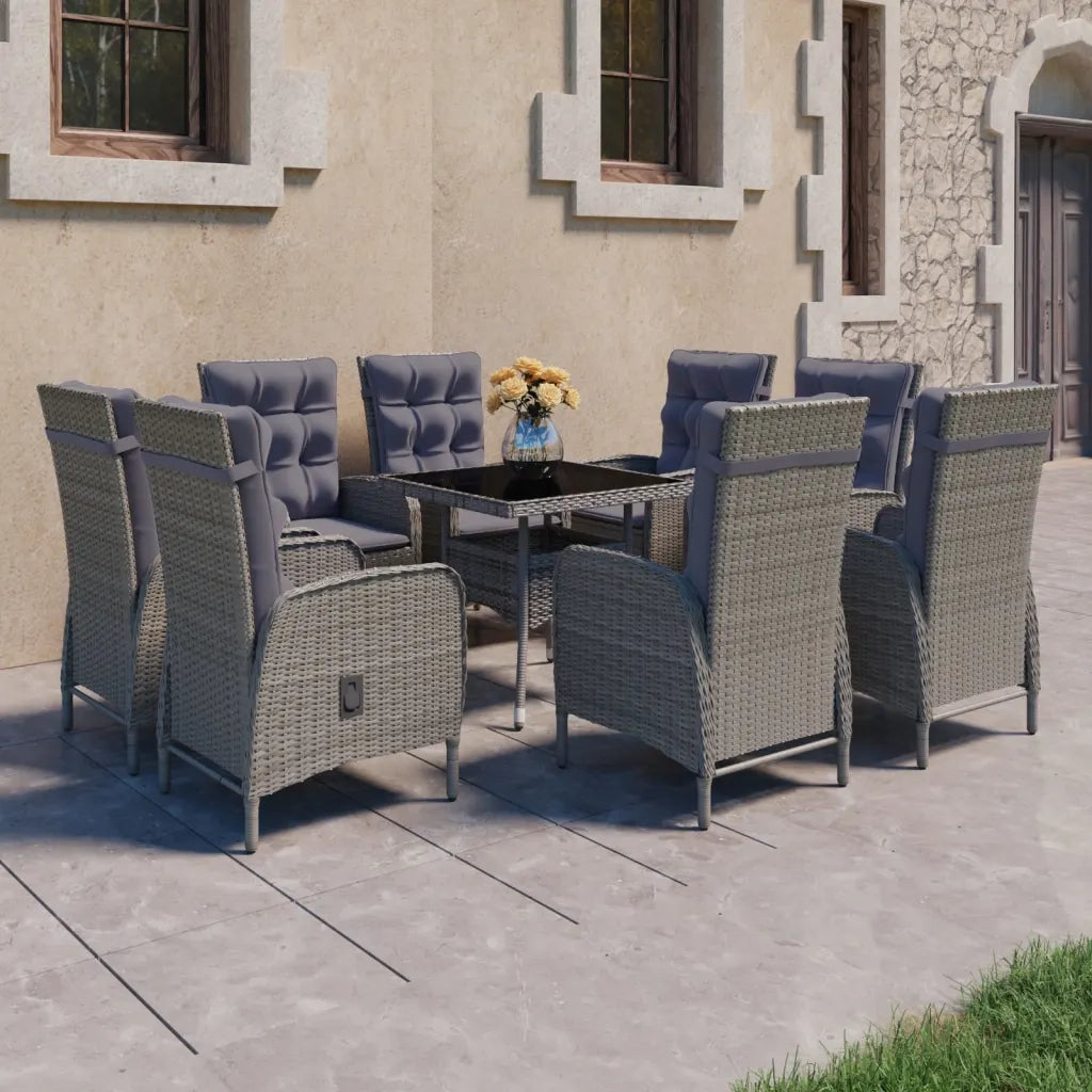 Set da Pranzo per Giardino 9 pz in Polyrattan e Vetro Grigio cod mxl 43766