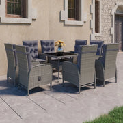 Set da Pranzo per Giardino 9 pz in Polyrattan e Vetro Grigio cod mxl 43766