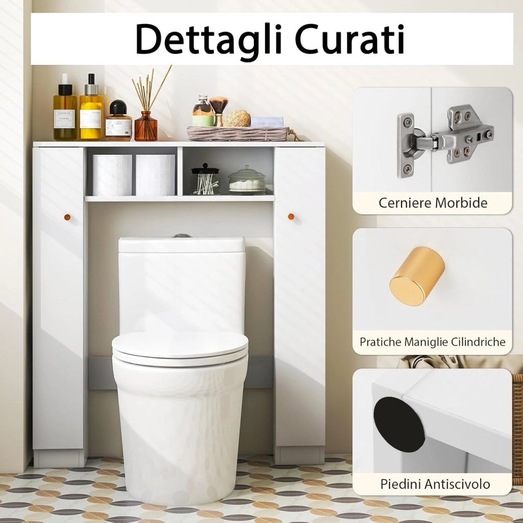 Scaffale Sopra WC, Mobile per Bagno con Doppia Anta, 2 Scomparti Aperti e 4 Ripiani Regolabili, Scaffale Salvaspazio da Terra per Bagno Lavanderia, 87,5x18x98 cm (Bianco)