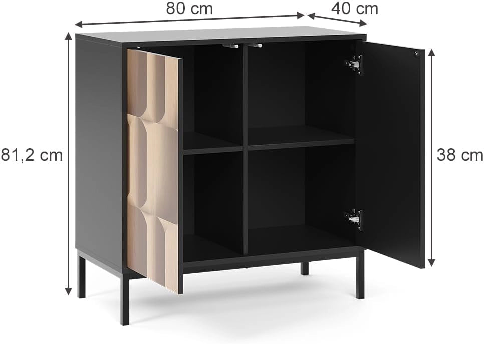 Credenza Eliza, Nero/quercia, 80 x 81.2 cm con 2 ante, Meccanismo push-to-open e superficie facile da pulire