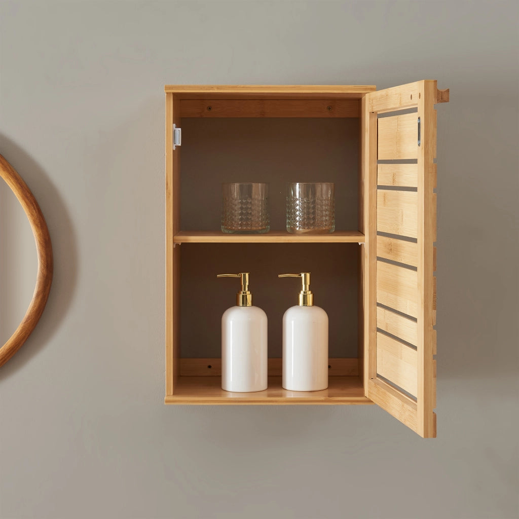 Mobiletto da Parete Epind con Scomparti Chiusi per Bagno Cucina 50x33x20 cm - Bambù Naturale [en.casa]