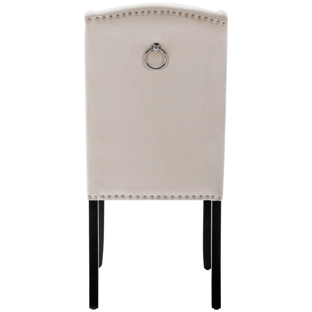 Sedia da sala da pranzo 2 pezzi in velluto con bottoni e borchie argentate, schienale curvo e gambe in rovere beige