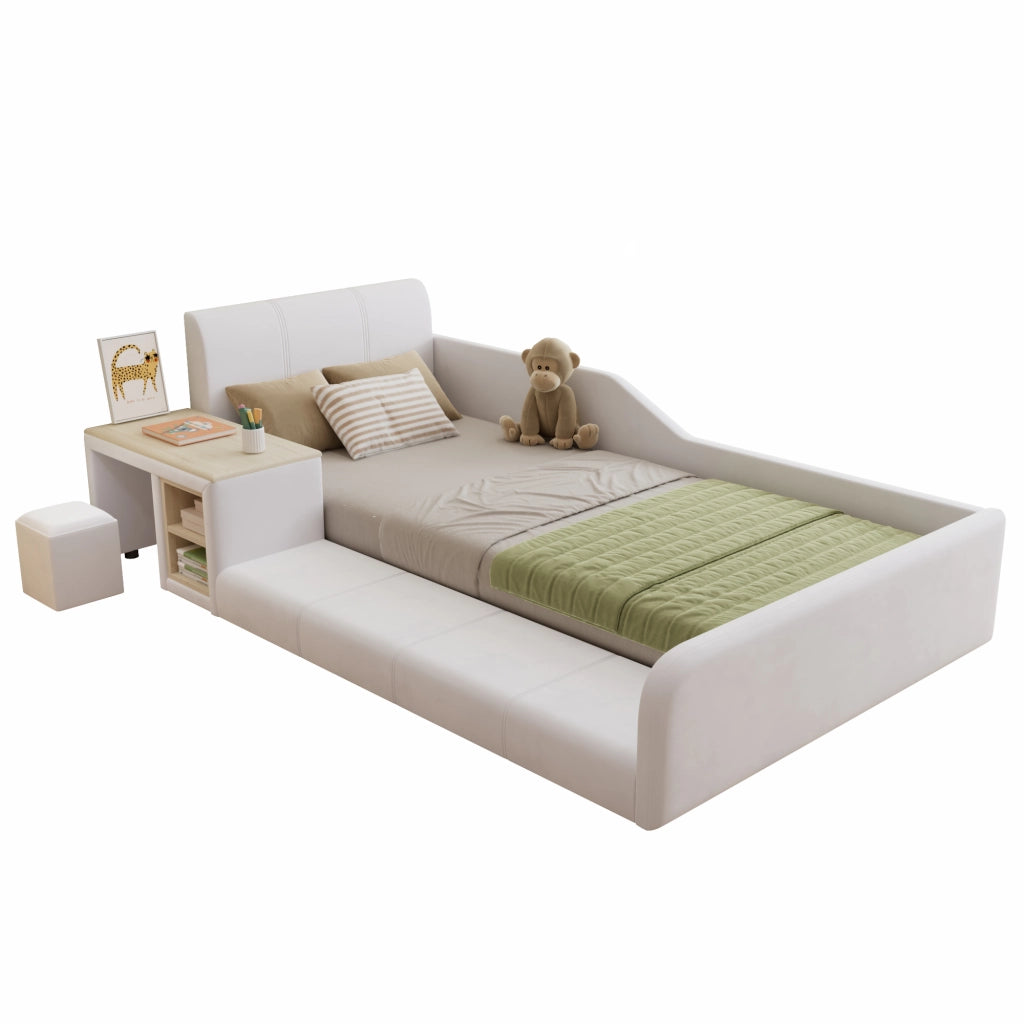 OKWISH Letto combinato 90×200 cm, Letto Singolo con Scrivania, Sgabello e Ripiano, senza Materasso, in Velluto, Bianco