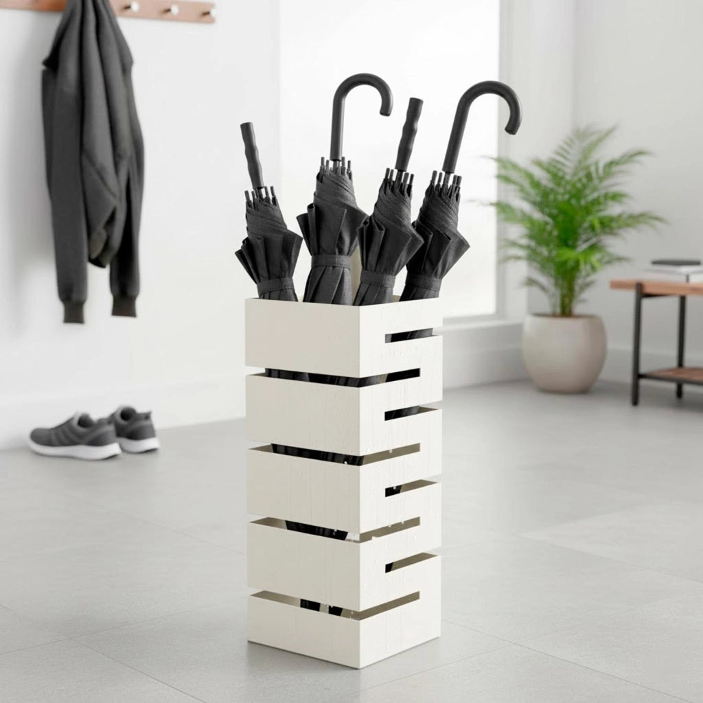 Portaombrelli Con Struttura Robusta In Acciaio Zincato Per Interno Esterno Vaschetta Scolapioggia Base Antiscivolo 2 Ganci Removibili Design Moderno Bianco 49 X 15.5 X 15.5 Cm