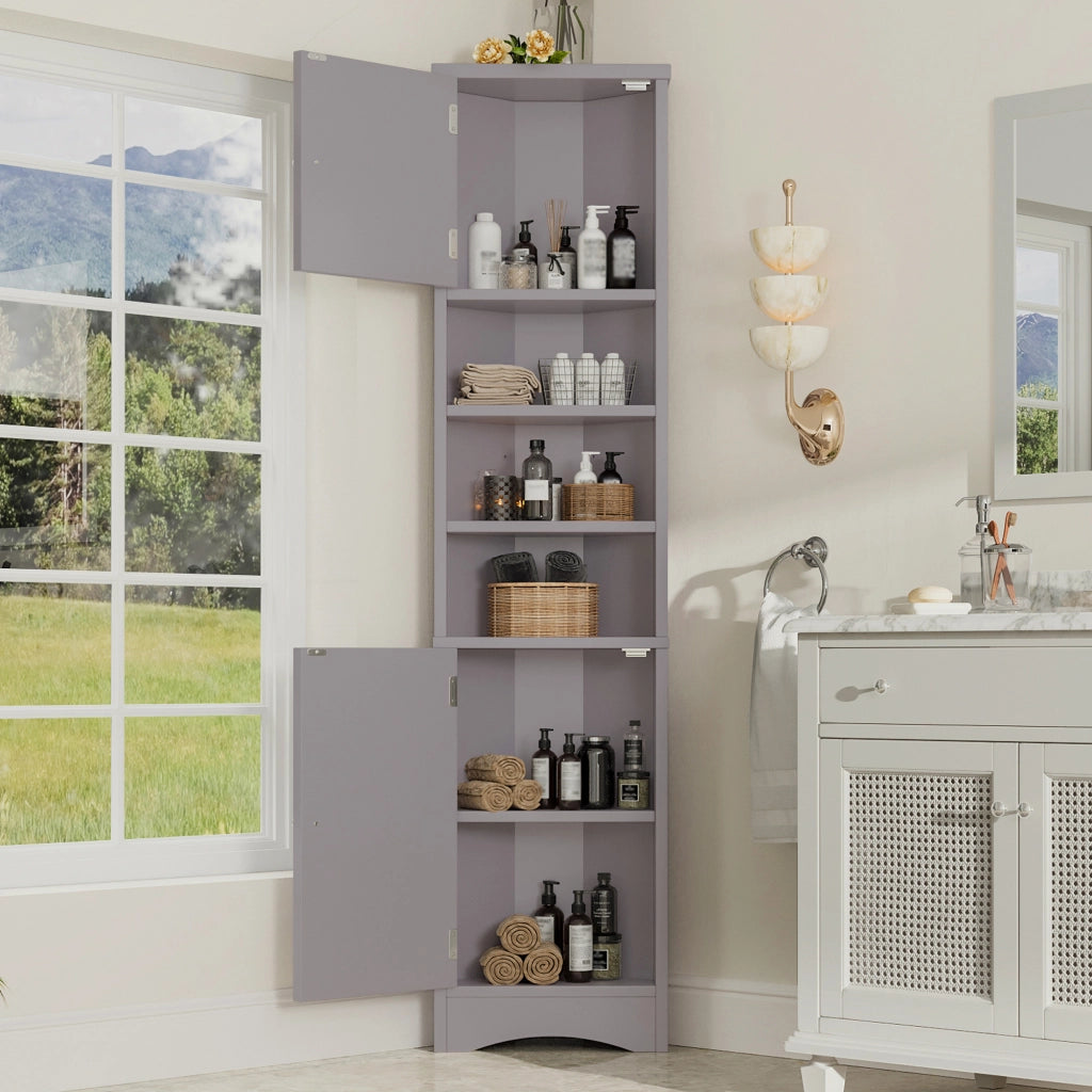 Armadietto Bagno Triangolare ¨C MINIMAL ¨C Grigio, 3 Ripiani, Ante, 36.5x24.5x170