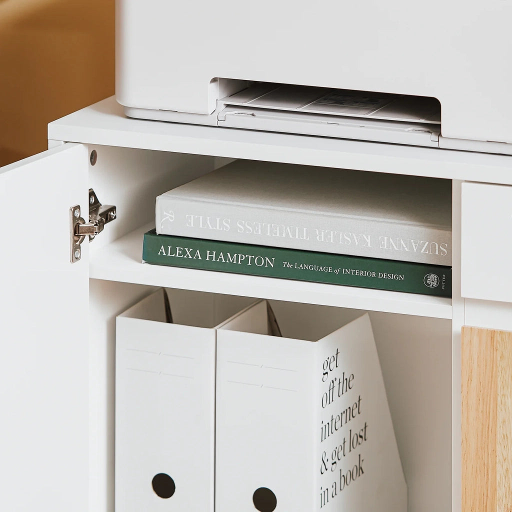 SoBuy Carrello da ufficio Carrello Portaoggetti con Cassetto Tavolino stampante Bianco-Naturale 65x25x58cm ASK04-WN