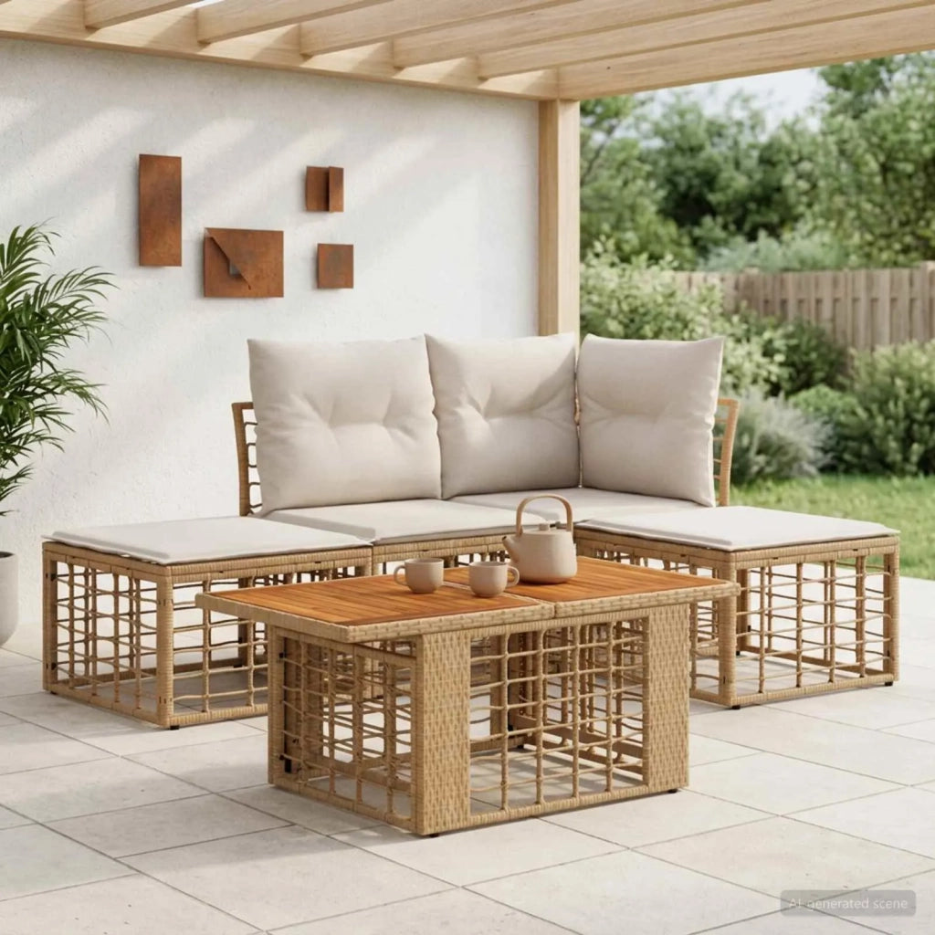 Set Divano da Giardino 5 pz Naturale e Bianco Crema polyrattan 3437852