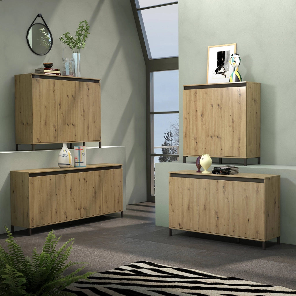 Credenza Basiano, Buffet da soggiorno, Madia da salotto, Dispensa da cucina, Made in Italy, 184x40h84 cm, Rovere Nodi e Antracite