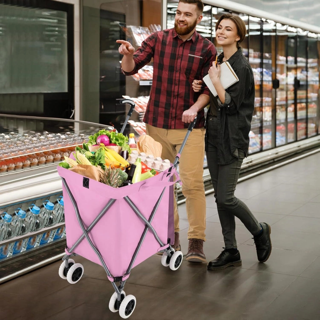 Carrello Spesa Pieghevole con Ruote, Carrello Portaspesa con Fodera in Tessuto Oxford Rimovibile e Impermeabile, 90L, Capacità di peso 55 kg (Rosa)