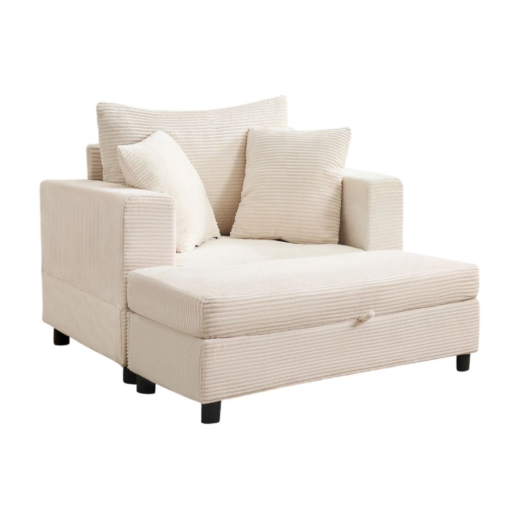 Chaise longue con vano contenitore, seduta imbottita, in tessuto a coste, beige