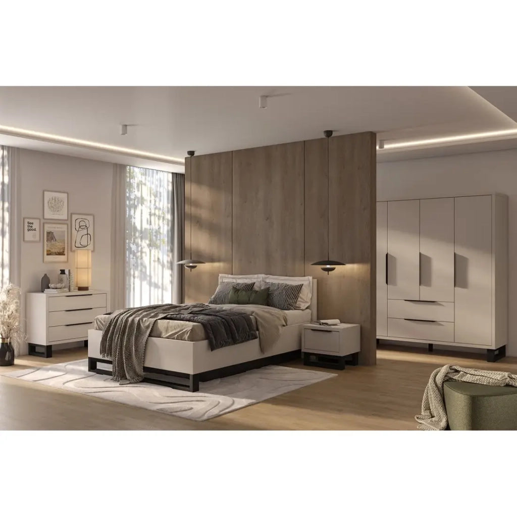 Armadio MILOS 4 porte cachemire con 2 cassetti e maniglie in metallo 191 cm