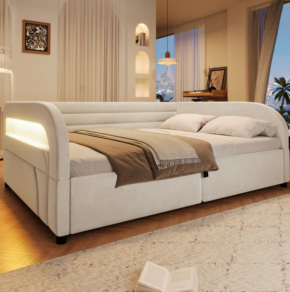 Letto imbottito 140x200 cm con contenitore idraulico e LED RGB in flanella beige