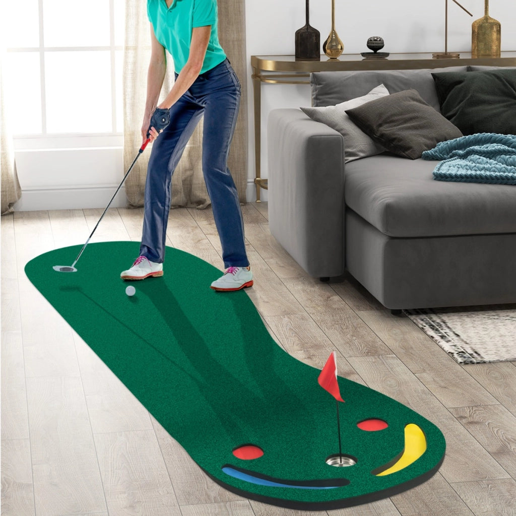 Set di putting da golf con 3 fori per il putting 1 bandierina e coperture per buca da golf, Tappetino da putting 300x96cm-Golf