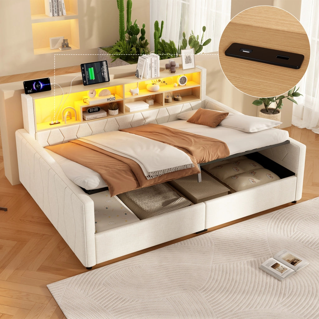 Letto contenitore 140x200 cm beige in lino e MDF con LED e prese USB