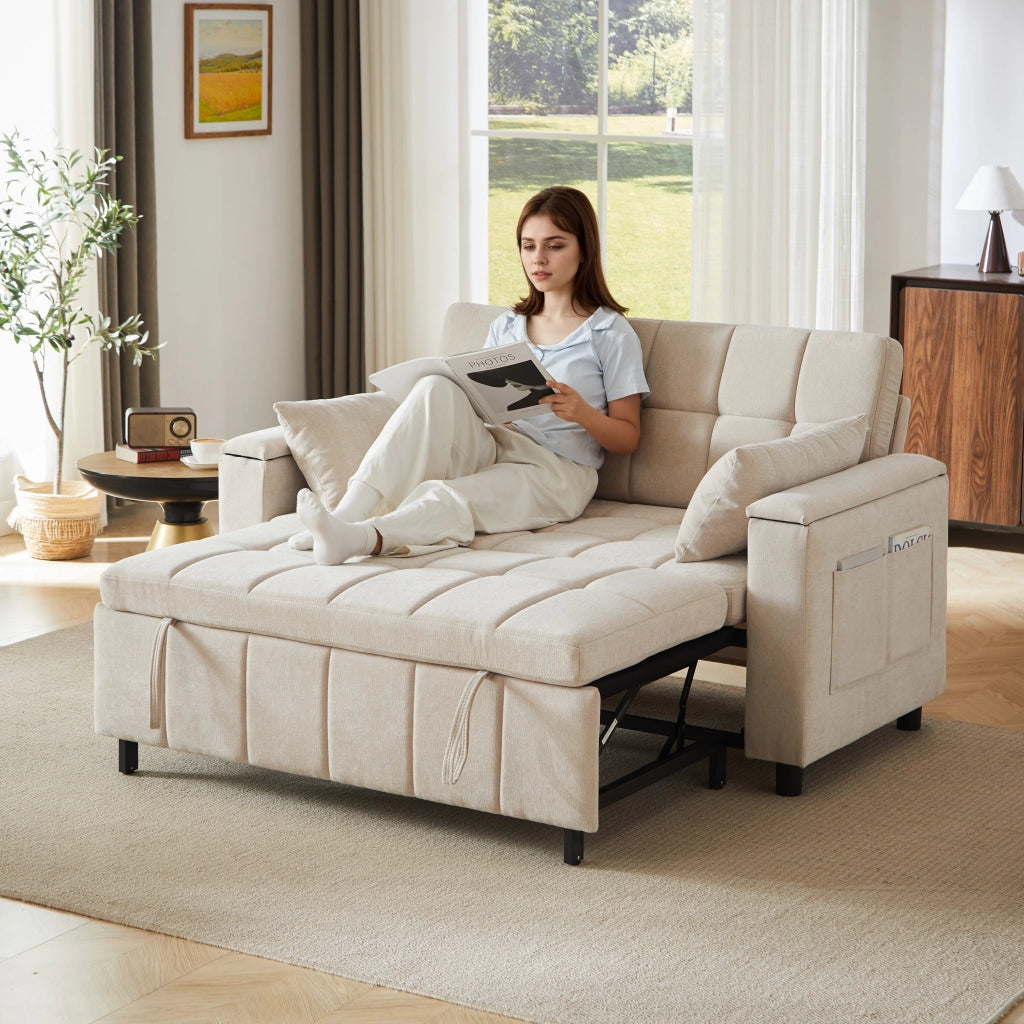 Divano letto convertibile 2 posti con vano nei braccioli e tasche laterali, struttura in metallo, ciniglia beige