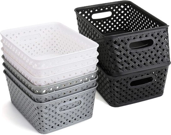 Set di contenitori per la raccolta, contenitori in plastica, contenitori per la casa, contenitore per la raccolta per bagno, cucina, camera da letto dei bambini, 25 x 19,5 x 10 cm (nero/grigio/bianco)