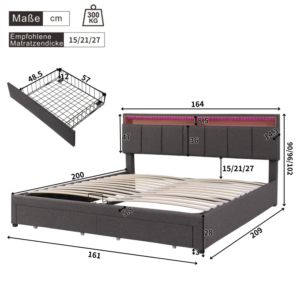 Letti contenitori 160x200 cm; LED; contenitore sottoLetti contenitori; acciaio; grigio scuro (Senza materasso)