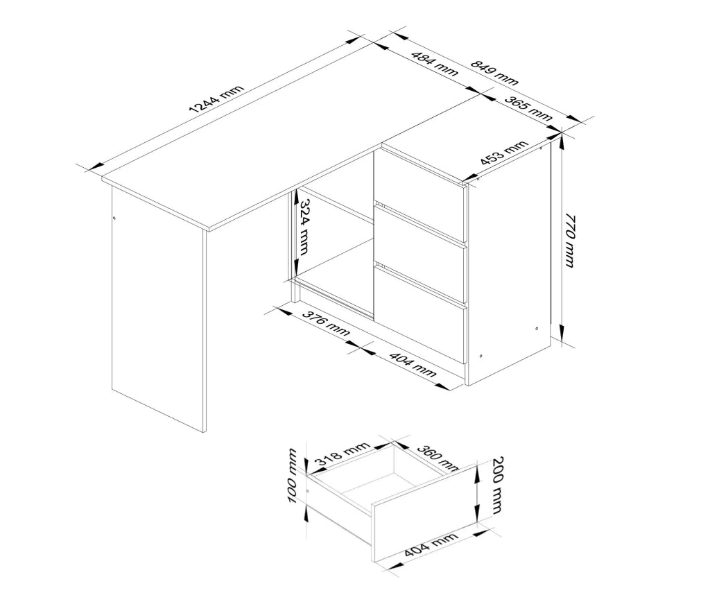 Scrivania angolare AKORD B16 Quercia Craft 124 cm 3 cassetti 124x85x77 cm Modello a destra