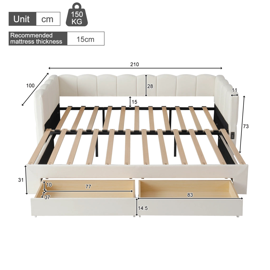 Letto estraibile 90×190 cm con 2 cassetti; USB e Type-C; estensibile a 180×190 cm; senza materasso; beige