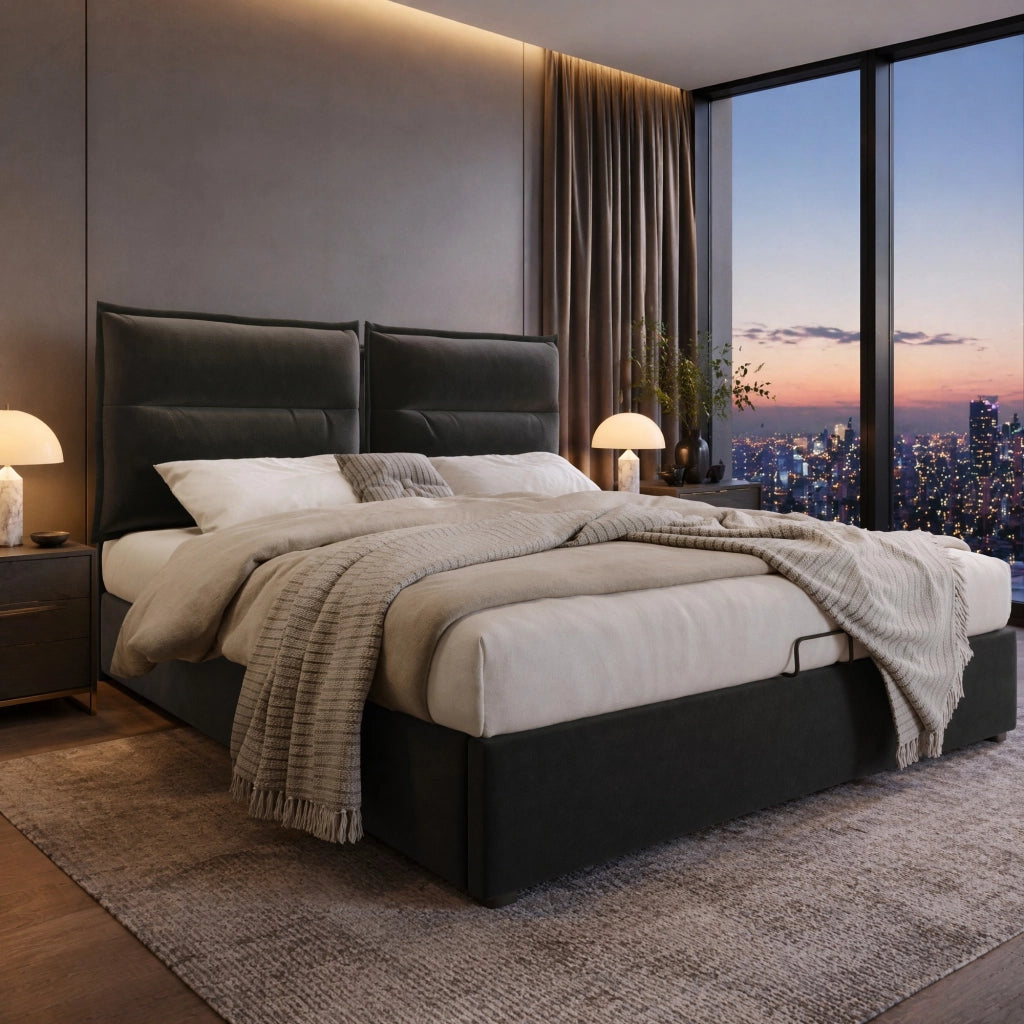 Letto matrimoniale imbottito 140x200 cm in velluto nero con testiera regolabile e contenitore