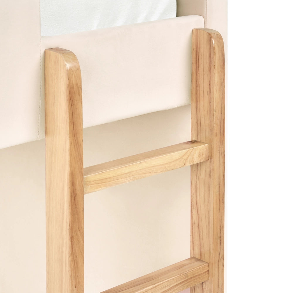 Letto a castello 3 piedi per bambini alto imbottito in velluto e scaletta in in legno di pioppo beige chiaro 90x200 cm cameretta