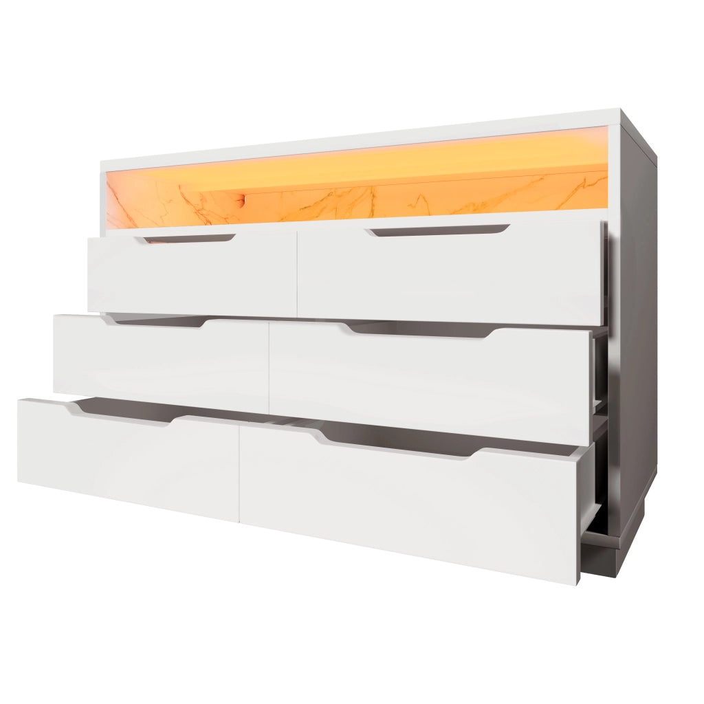Credenza moderna bianca con 6 cassetti, illuminazione LED e vano aperto in effetto marmo, 120x40x85 cm