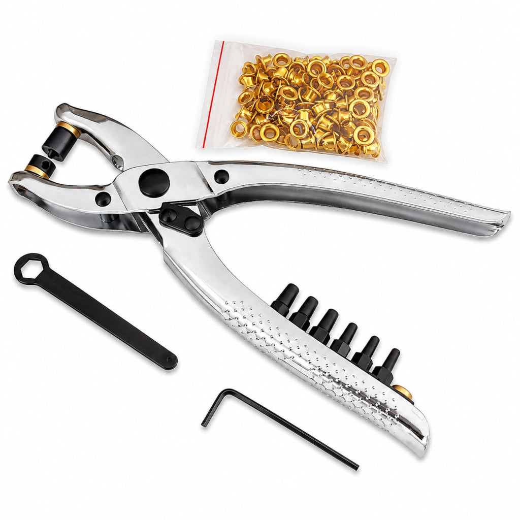 Pinza Fustellatrice Occhiellatrice 2 in 1 con 100 Occhielli in Ottone
