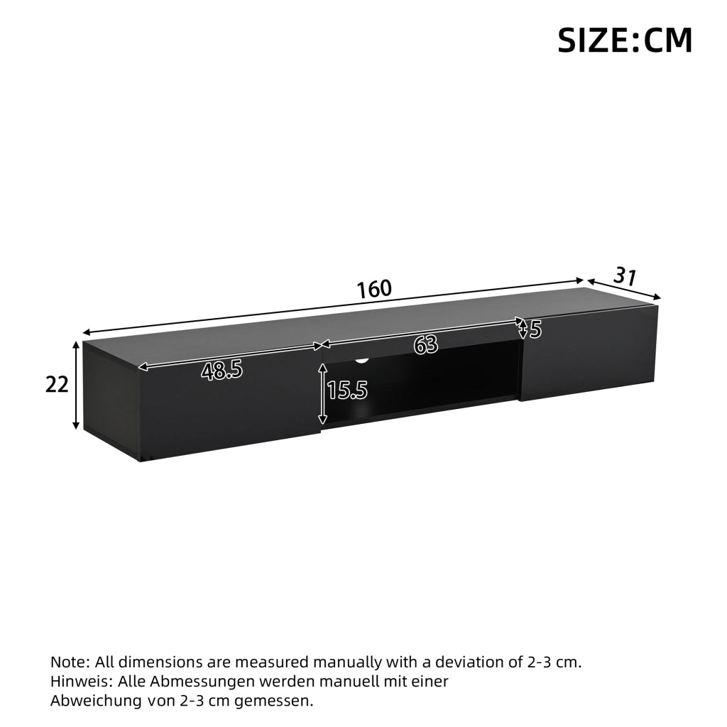 Mobile TV sospeso con 2 ante; vani aperti e LED - per soggiorno - 160x31x22 cm - nero