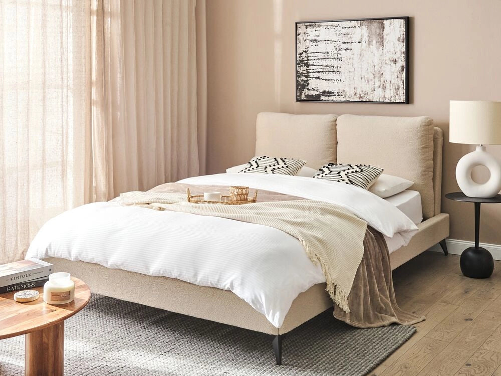 Letto imbottito moderno in bouclè beige 140 x 200 cm con rete a doghe