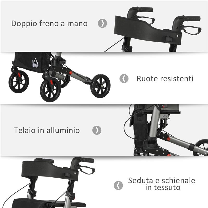 DEAMBULATORE PIEGHEVOLE IN ALLUMINO AD ALTEZZA REGOLABILE CON BORSA 67X65X79.5-94 CM NERO E ARGENTO