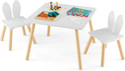 Set Tavolo e 2 Sedie per Bambini 3-6 Anni, Sedie Ergonomiche in Legno con Schienali a Forma di Orecchie di Coniglio, Portata 40kg, Salvaspazio, Ideale per Gioco e Disegno (Bianco)