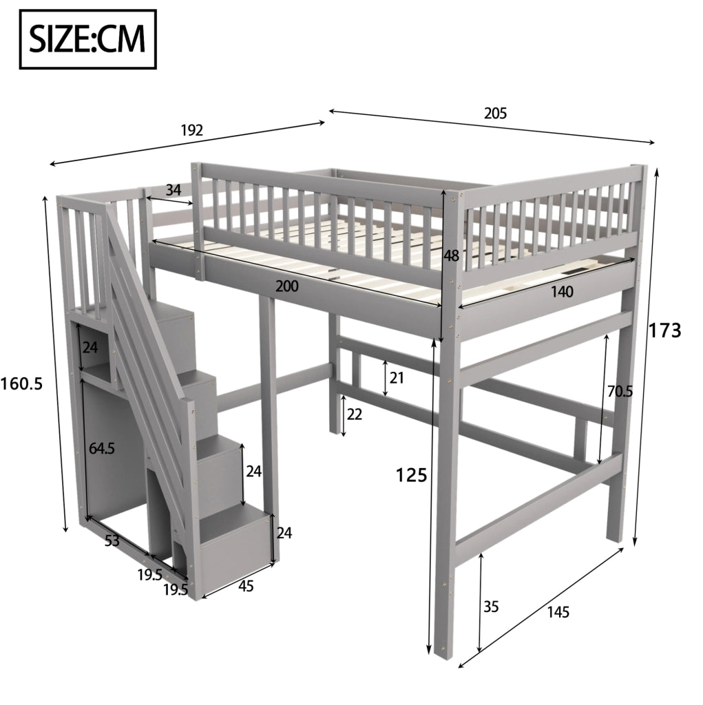 Letto singolo in legno massello 140x200 cm con scala contenitore e sponde alte; grigio