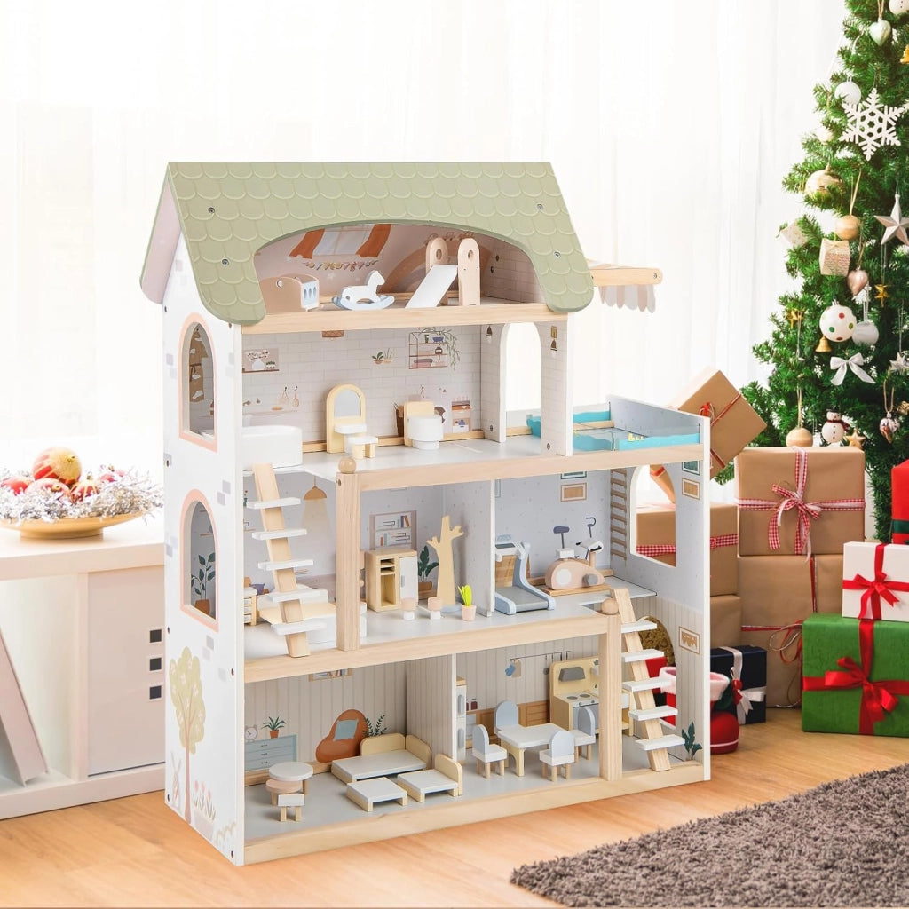 Casa delle Bambole in Legno, Casa Bambole con 4 Piani, 6 Stanze, Terrazza, Piscina e Scale, Casetta Giocattolo Educativo con 33 Mobili Accessori, per Bambini 3+ Anni, 63 x 25 x 78 cm (Verde)