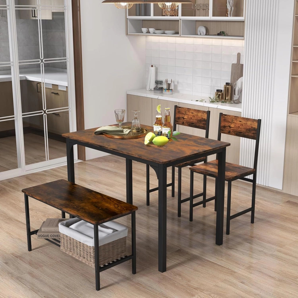 Set Tavolo e Sedie da Pranzo, Sedie Tavolo da Pranzo, Tavolo da Pranzo in Legno, con 2 Sedie e 1 Panca, Design Industriale e Struttura Resistente, Adatto a Sala da Pranzo (Caffe)