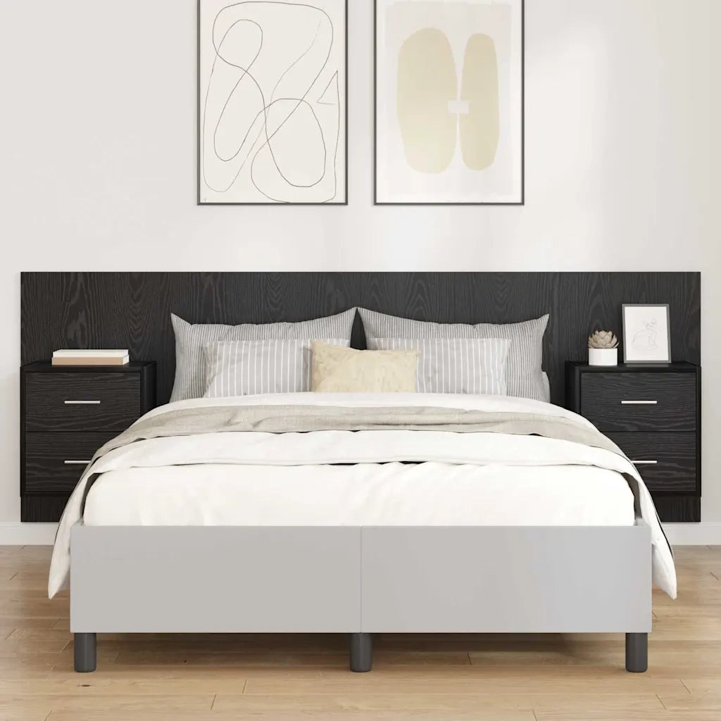 Testata con Comodino 3 pz-Set di 3 Testiera con Contenitore Rovere Nero Legno multistrato 121056
